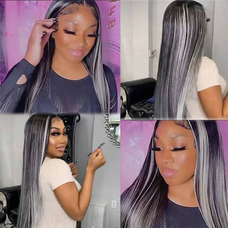Platinum Highlights Straight Mixed Color 13*4 Transparent HD Lace Front Human Hair Wigs - KissLove Hair