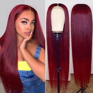 4*4 Transparent Lace Closure Wig Glueless Brazilian 99j Burgundy Colored Straight Virgin Human Hair Wigs - KissLove Hair