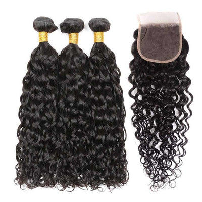 Water Wave 3 Bundles With 4*4 Lace Closure Brazilian Human Hair Weave