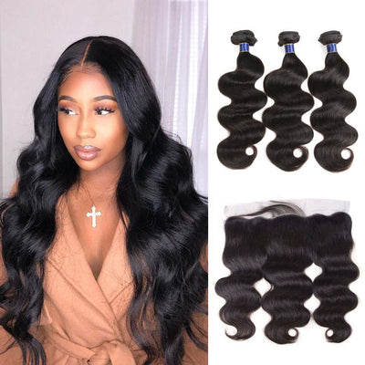 Body Wave 3 Bundles With Frontal Closure Brazilian Human Hair Weave