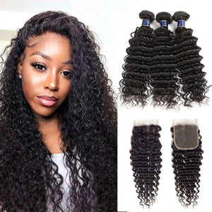 4x4 Lace Closure With Bundles Deep Wave Brazilian Virgin Hair Weave