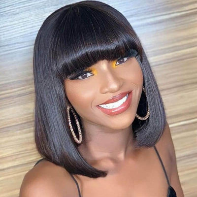 [Wear & Go] Bob Wig With Bangs Silky Straight Glueless Lace Wig 100% Human Hair - KissLove Hair