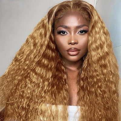 #27 Light Brown Curly Hair Wig Deep Wave 13x4 Transparent Lace Front Human Hair Wigs - KissLove Hair