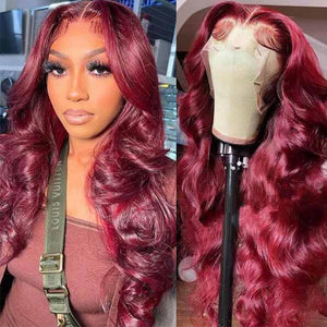 4x4 Transparent Lace Closure Wig Glueless Brazilian 99j Burgundy Colored 3D Body Wave Virgin Human Hair Wigs - KissLove Hair