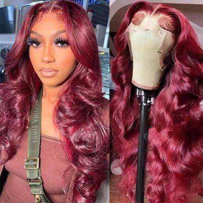 4x4 Transparent Lace Closure Wig Glueless Brazilian 99j Burgundy Colored Body Wave Virgin Human Hair Wigs - KissLove Hair