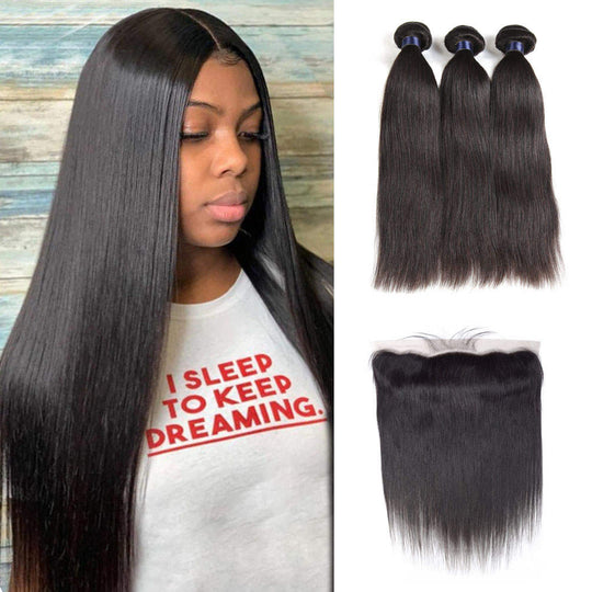 Brazilian Straight Hair 3 Bundles With Frontal Virgin Human Hair Weave