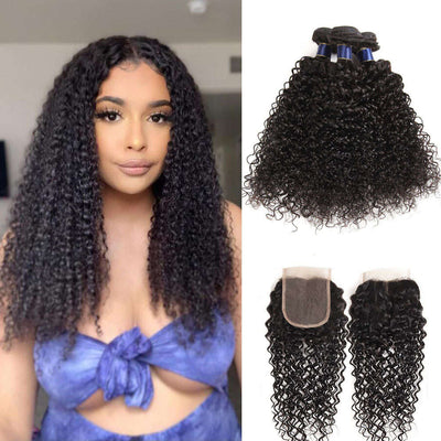 Jerry Curly Human Hair 3 Bundles With 4*4 Lace Closure - Kisslove Hair