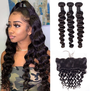Loose Deep Wave 3 Bundles With Lace Frontal 9A Brazilian Hair Weaves