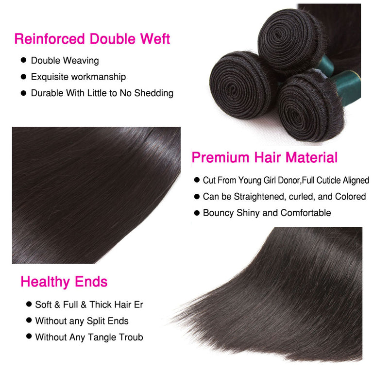 Brazilian Straight Hair 3 Bundles With HD Lace Frontal 12A Virgin Human Hair Weaves - KissLove Hair
